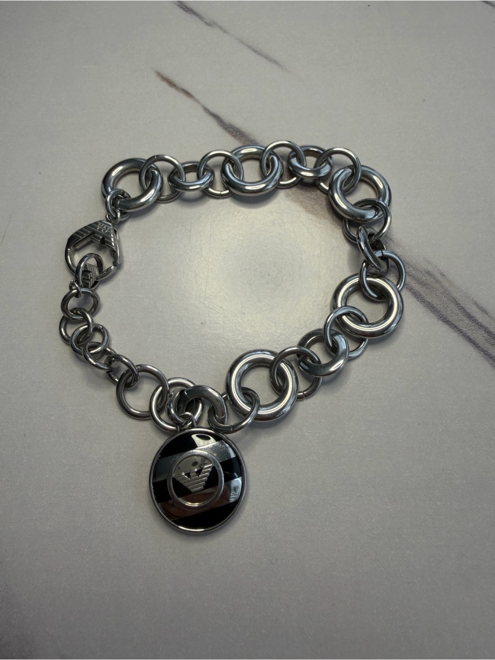 Emporio Armani Silver Link Charm Bracelet with Black Logo Disc